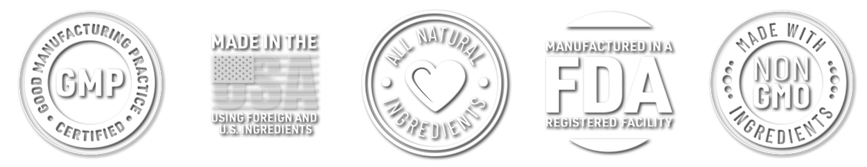 Trust badges: GMP Certified, Made in USA, All Natural Ingredients, FDA Registered Facility, Non-GMO